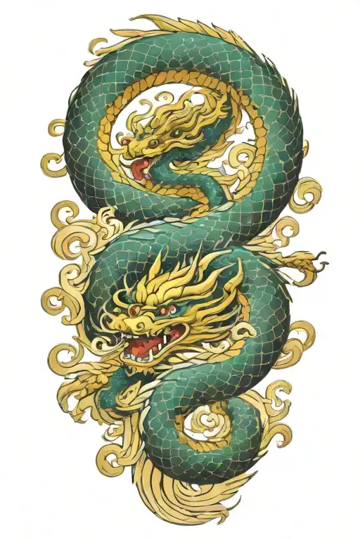 a chinese dragon flying with 117 scales surrounded with wave  tattoo design idea