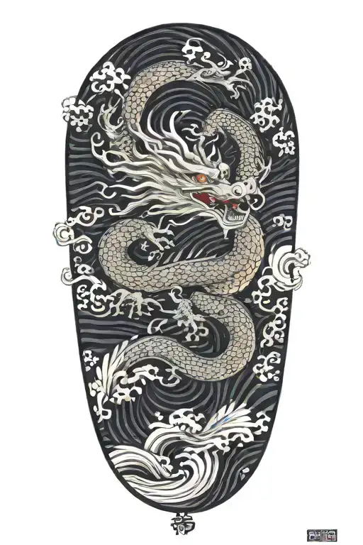 a chinese dragon flying with 117 scales surrounded with wave  tattoo design idea