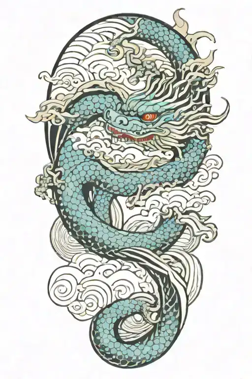 a japanese dragon flying with wave pattern background symbolizing tattoo design idea