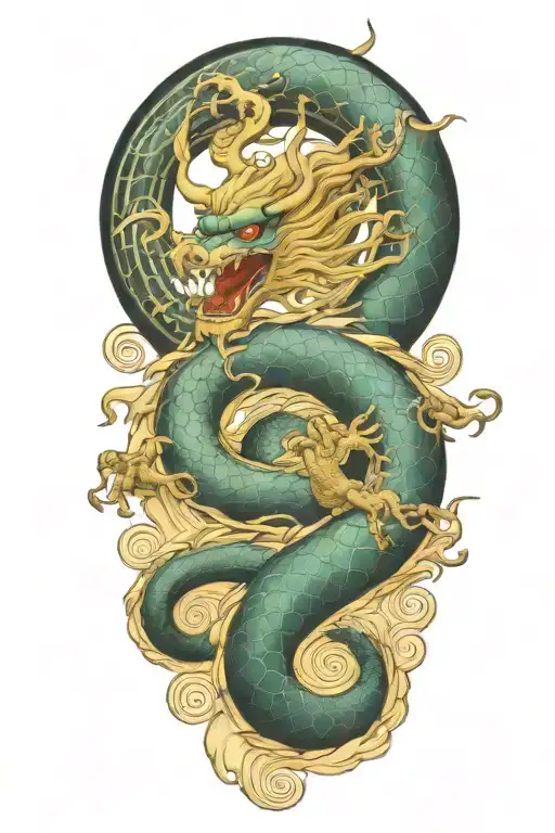 a chinese dragon flying with 117 scales surrounded with wave  tattoo design idea