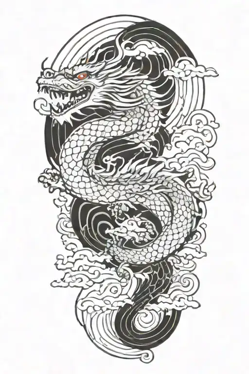 a japanese dragon flying with wave pattern background symbolizing tattoo design idea