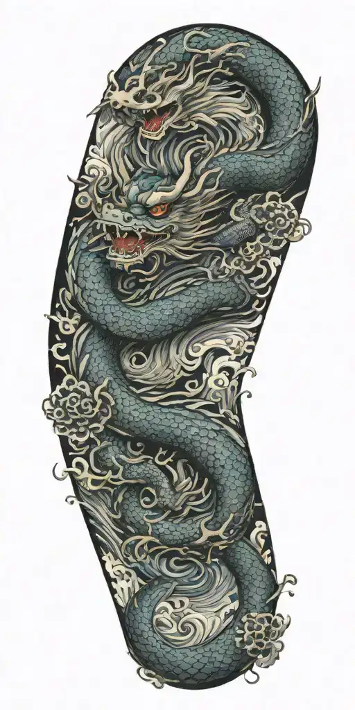 a chinese dragon flying with 117 scales surrounded with wave  tattoo design idea