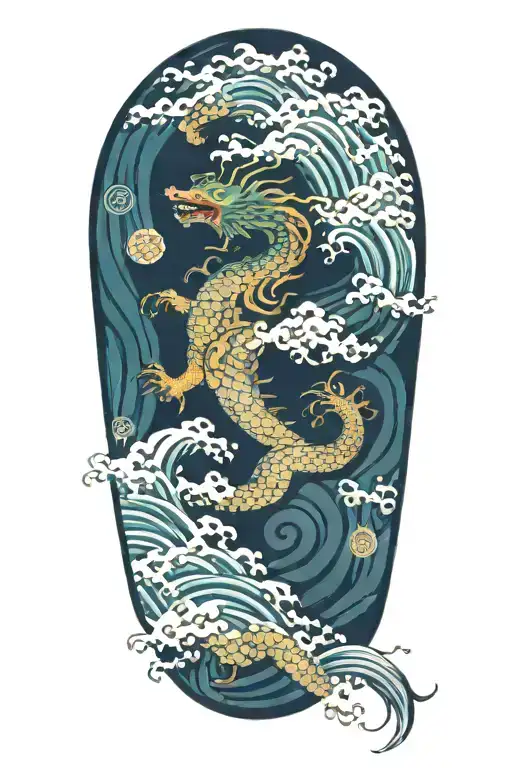 a chinese dragon flying with 117 scales surrounded with wave  tattoo design idea