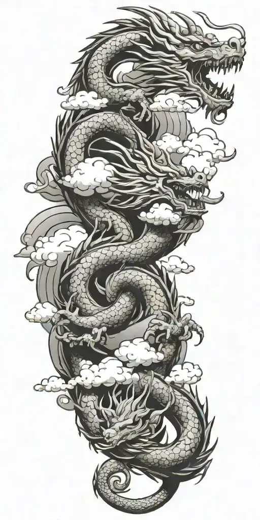 a japanese  dragon flying with cloud background tattoo design idea