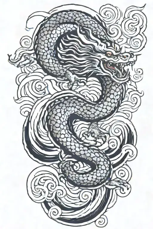 a japanese dragon flying with wave pattern background symbolizing tattoo design idea