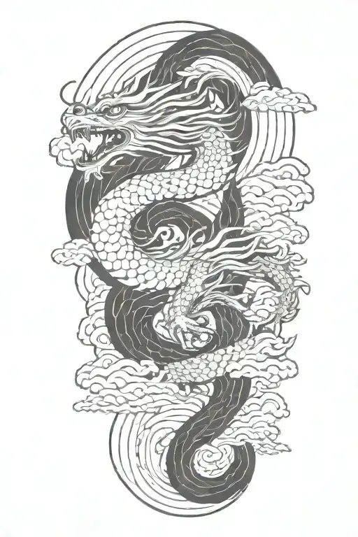 a japanese dragon flying with wave pattern background symbolizing tattoo design idea