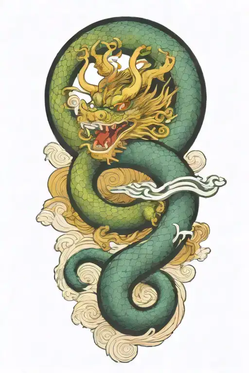 a chinese dragon flying with 117 scales surrounded with wave  tattoo design idea