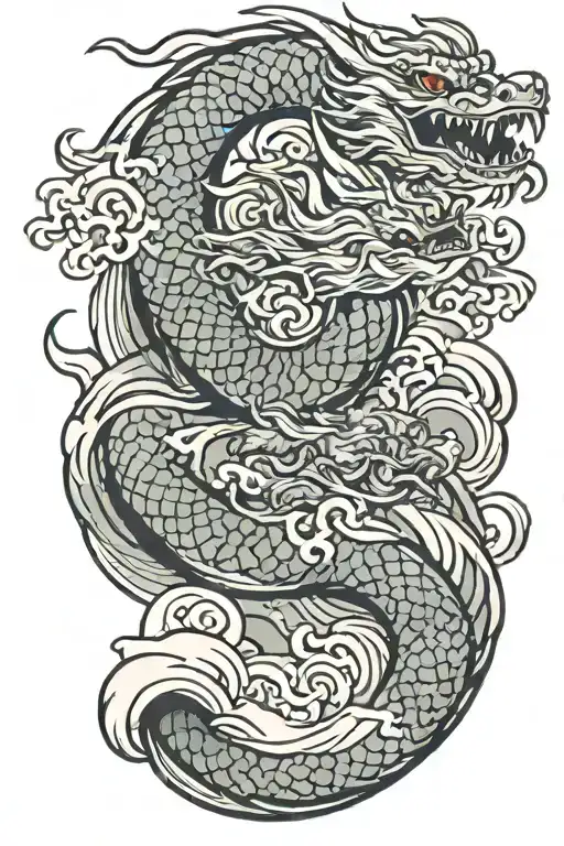 a japanese dragon flying with wave pattern background symbolizing tattoo design idea