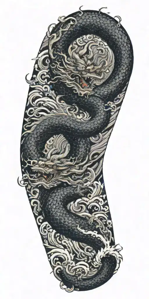 a chinese dragon flying with 117 scales surrounded with wave  tattoo design idea