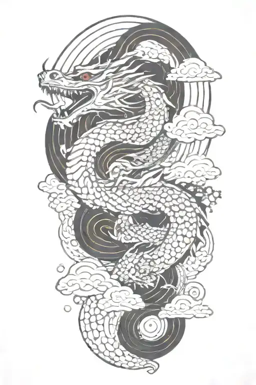 a japanese dragon flying with wave pattern background symbolizing tattoo design idea