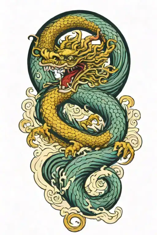 a chinese dragon flying with 117 scales surrounded with wave  tattoo design idea