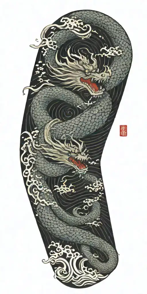 a chinese dragon flying with 117 scales surrounded with wave  tattoo design idea