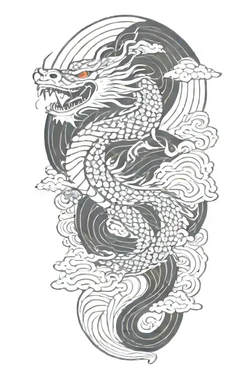 a japanese dragon flying with wave pattern background symbolizing tattoo design idea