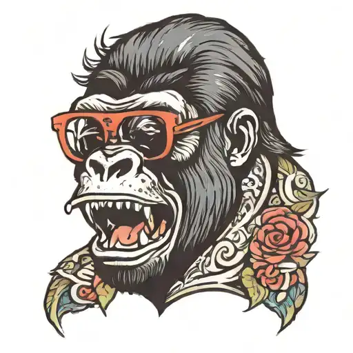 gorilla with mouth open. wearing ray ban wayfarer sunglasses. in the style of American traditional tattoo  tattoo design idea