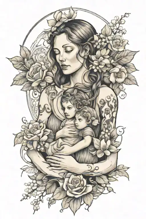 A realistic portrait of a mother figure surrounded by flowers and a subtle cross design tattoo design idea