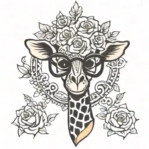 A traditional style tattoo featuring a giraffe and a cross intertwined with delicate flowers, representing the client's faith and love for their children tattoo design idea
