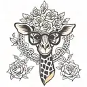A traditional style tattoo featuring a giraffe and a cross intertwined with delicate flowers, representing the client's faith and love for their children tattoo design idea