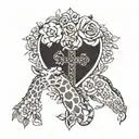 A traditional style tattoo featuring a giraffe and a cross intertwined with delicate flowers, representing the client's faith and love for their children tattoo design idea