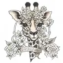 A traditional style tattoo featuring a giraffe and a cross intertwined with delicate flowers, representing the client's faith and love for their children tattoo design idea