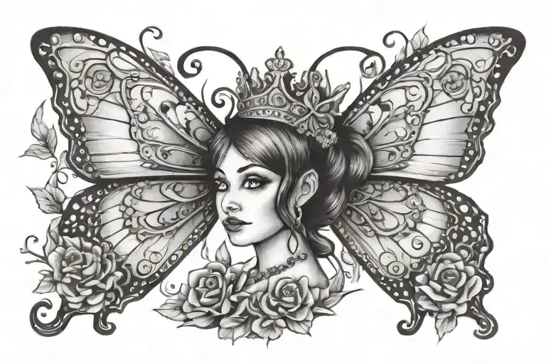Eliza with princess tiara butterfly lighting tattoo design idea