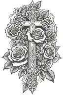 Cross with rose fines with Roman numerals inside tattoo design idea