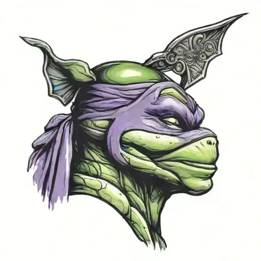 tmnt Donatello, black ink except purple mask, profile all shadowed view  tattoo design idea