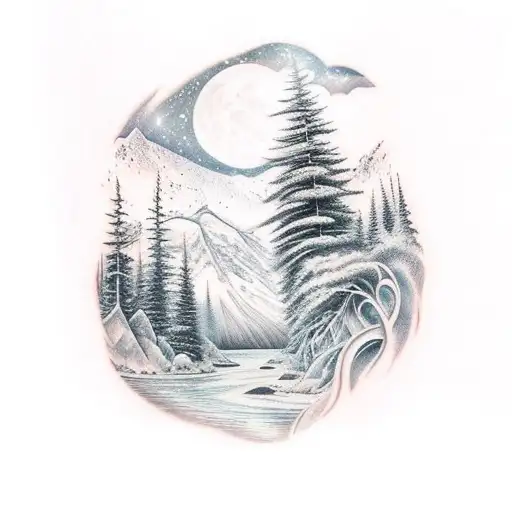 tattoo sleeve with river winding through a forest with mountains in the background and galaxies in the sky tattoo design idea