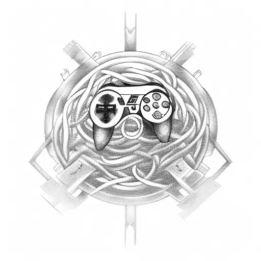 A video game controller intertwined with musical notes, representing the fusion of gaming and rock/metal music tattoo design idea