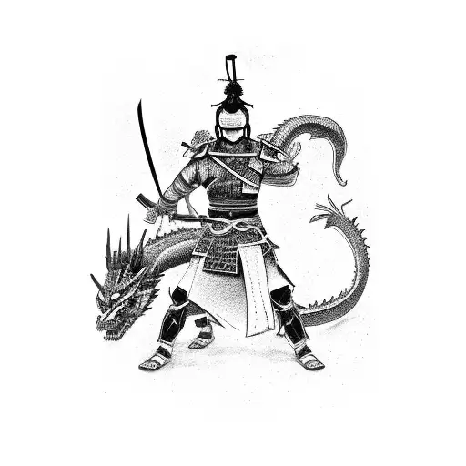 A samurai warrior with a katana sword battling against a dragon in a mythical landscape tattoo design idea