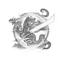 A samurai warrior with a katana sword battling against a dragon in a mythical landscape tattoo design idea