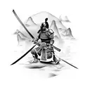 A samurai warrior with a katana sword battling against a dragon in a mythical landscape tattoo design idea