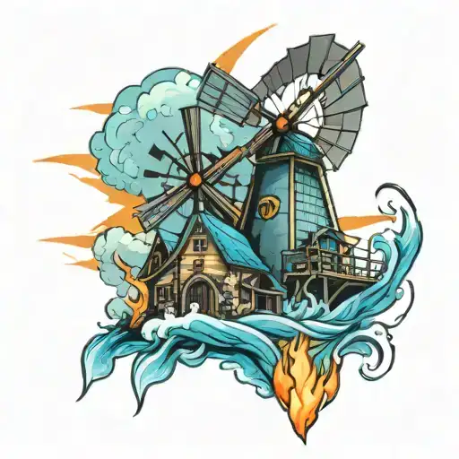 dutch Crest windmill moutians fire and ice  tattoo design idea