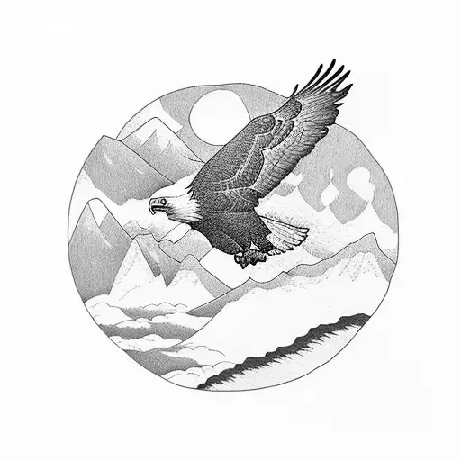 An eagle soaring over a mountain range with mature forests tattoo design idea