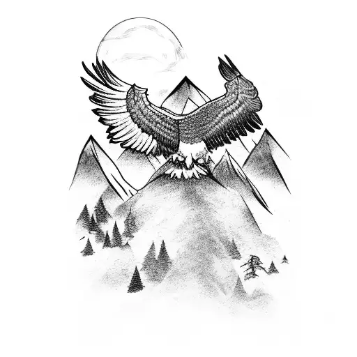 An eagle soaring over a mountain range with mature forests tattoo design idea