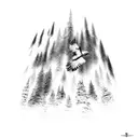 An eagle soaring over a mountain range with mature forests tattoo design idea