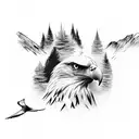 An eagle soaring over a mountain range with mature forests tattoo design idea