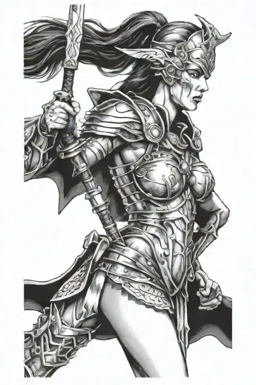 valkyrie warrior, undead army on her right, human army on left, armies facing eachother in battle. dead bodies etc. tattoo design idea