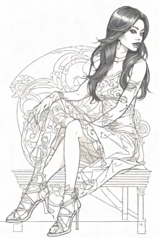 A very beautiful girl is sitting sideways, she is wearing a dress with a cutout on her leg. She has long black hair and  tattoo design idea