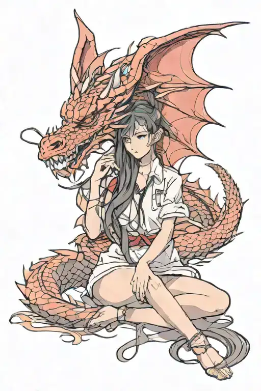 A  beautiful girl is sitting on floor sideways, with long hair and her red dragon is flying near  tattoo design idea