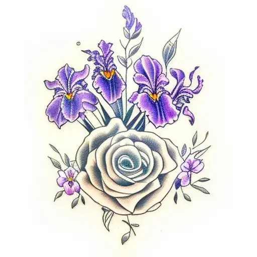 flower bouquet with violet and iris  tattoo design idea