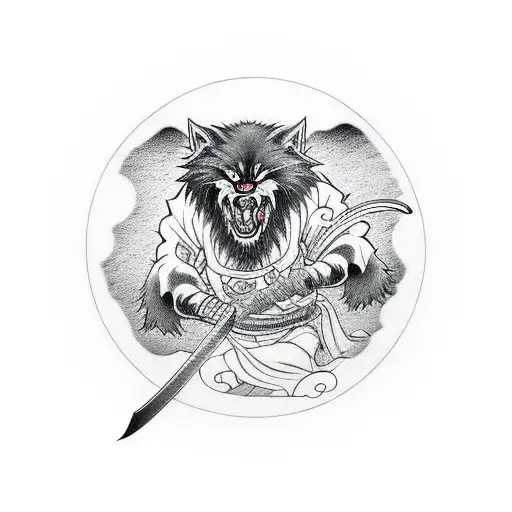 A powerful werewolf ronin holds a katana with a Japanese style circular symbol, symbolizing loneliness and strength tattoo design idea