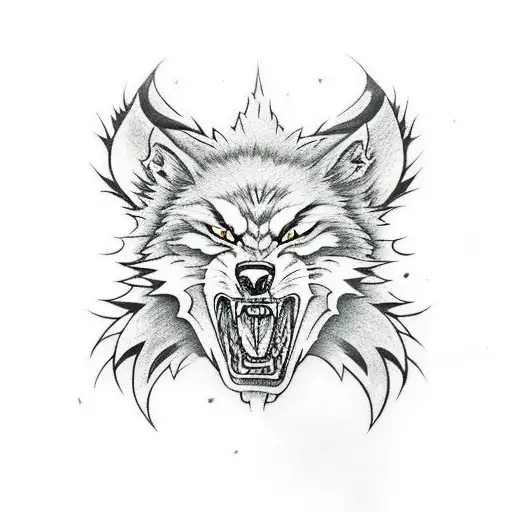 A powerful werewolf ronin holds a katana with a Japanese style circular symbol, symbolizing loneliness and strength tattoo design idea