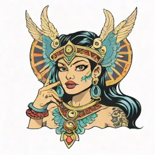 color busty lewd skimpy Aztec woman ahegao fangs tattoo design idea