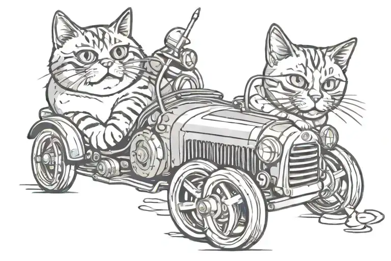 Rebellious cute fat cat repairing car tattoo design idea