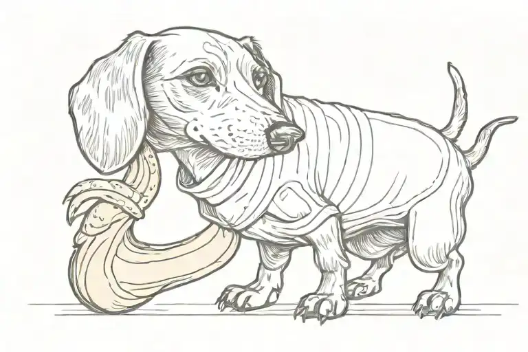 Cute version of a dachshund with simple lines holding a banana and eating it tattoo design idea
