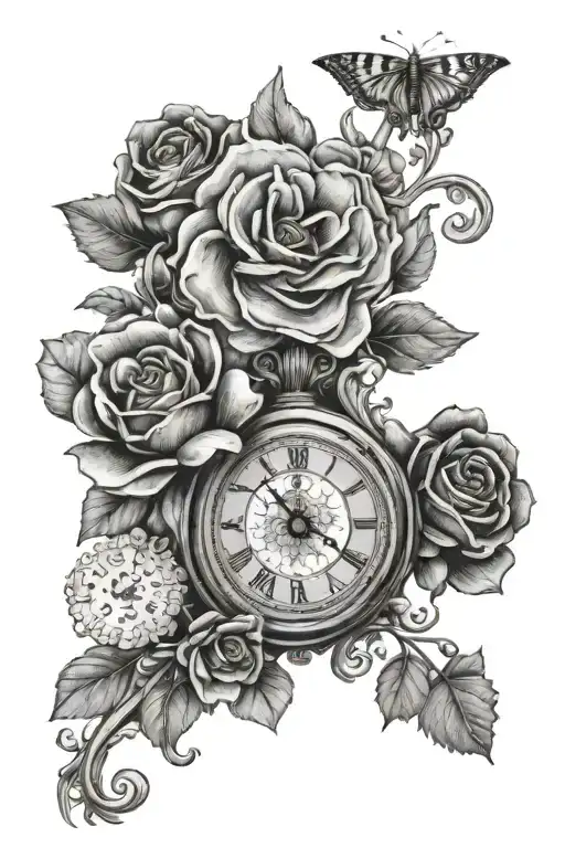 time piece flower garden tattoo design idea