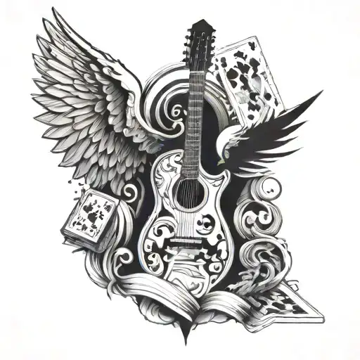 guitar, playing cards, smoking, with wings tattoo design idea