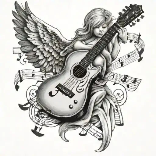 guitar as an angel with notes as people looking up to it  tattoo design idea
