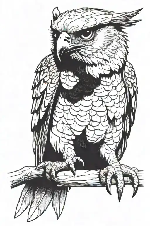 a harpy eagle perching on the arm, with shadow made of cross hatching in blocks tattoo design idea