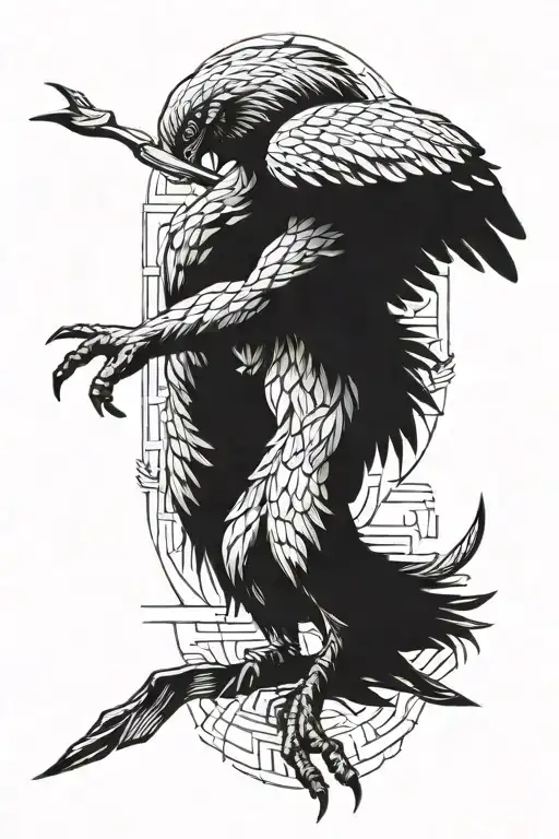 a harpy bird landing on the arm near the shoulder from the back, with shadow made of cross hatching in blocks tattoo design idea
